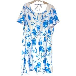 Lane Bryant Blue White Linen Blend Low Tie Back Flutter Sleeve Pocket Dress Sz22